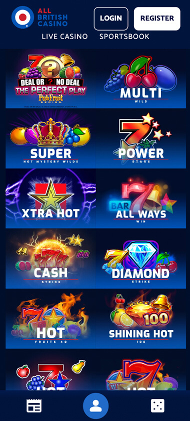 All-British Casino mobile homepage screenshot showing popular slot games including Super Xtra Hot, Power Hot and Diamond Strike - captured during mobile testing