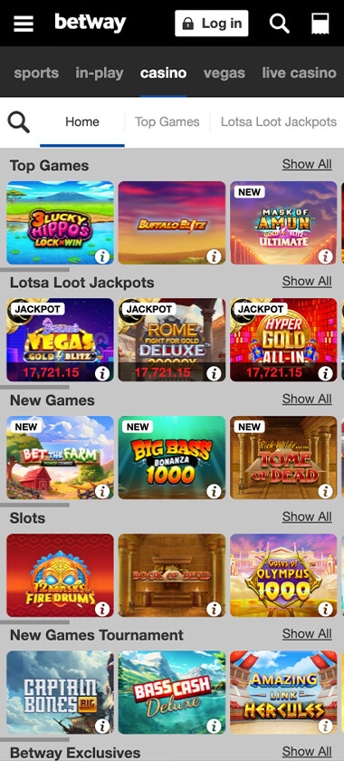 Betway Casino mobile homepage screenshot displaying featured games and new releases section - tested during our analysis