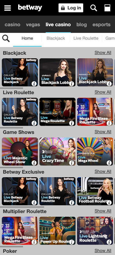 Betway Casino mobile interface screenshot demonstrating live dealer games including blackjack and roulette lobbies - tested during our analysis