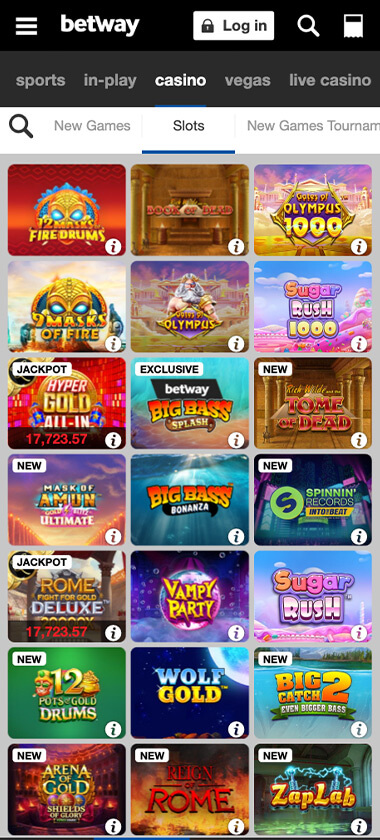 Betway Casino mobile interface screenshot showing slot games including Mega Moolah and Wild West Gold - tested for mobile compatibility