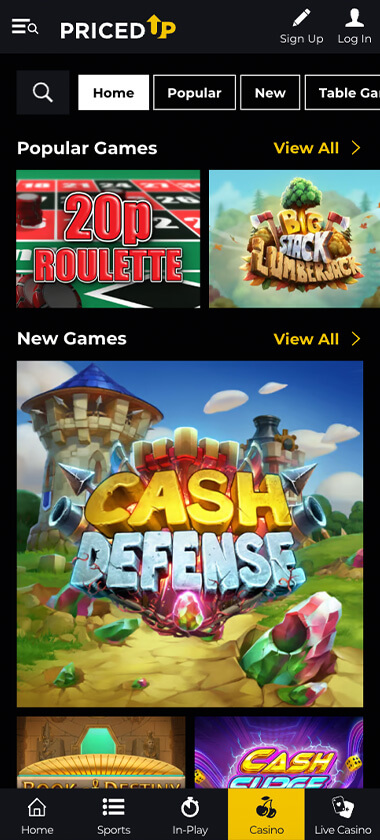 PricedUp Casino mobile homepage screenshot showing new games section with Cash Defense and featured game titles - captured during mobile testing