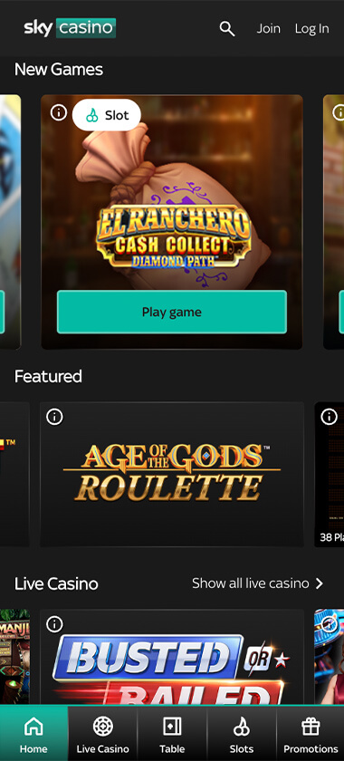 Sky Casino mobile homepage screenshot displaying Age of the Gods Roulette and featured games section - tested during our analysis