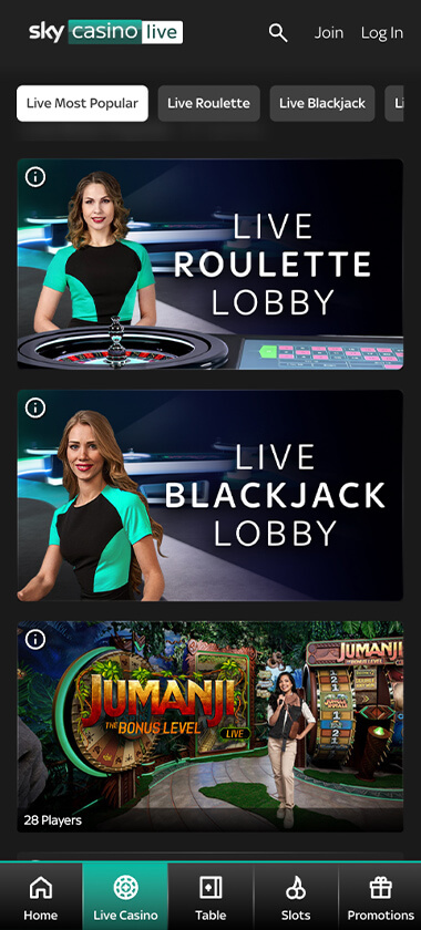 Sky Casino mobile interface screenshot demonstrating live blackjack lobby with professional dealers - tested during our analysis