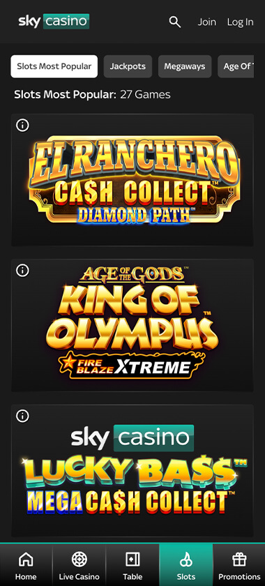 Sky Casino mobile interface screenshot showing Age of the Gods King of Olympus slot game - tested for mobile compatibility