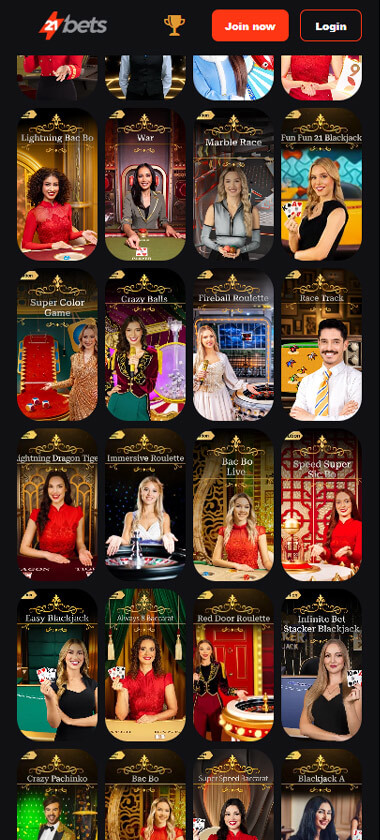 21Bets Casino mobile live casino screenshot displaying real-dealer tables including roulette, blackjack and baccarat with compact lobby layout – tested 21Bets Casino mobile live casino screenshot displaying real-dealer tables including roulette, blackjack and baccarat with compact lobby layout – tested