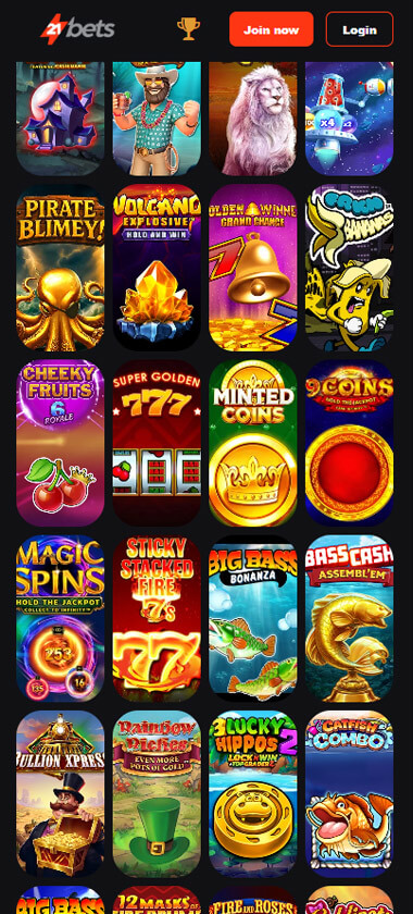 21Bets Casino mobile interface screenshot showing slots lobby with featured games, categories and navigation on smartphone screen – tested 21Bets Casino mobile interface screenshot showing slots lobby with featured games, categories and navigation on smartphone screen – tested