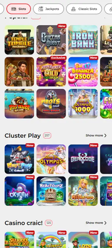 32Red Casino mobile slots interface screenshot showing slot game selection with popular titles and filtering options - captured during platform testing