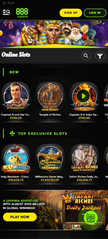 888 Casino mobile slots interface screenshot showing variety of slot games and game categories – tested