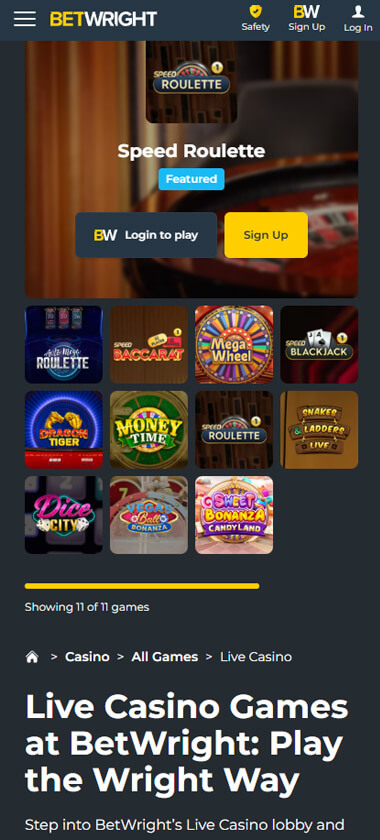 BetWright Casino mobile live casino preview with roulette and blackjack tables – tested