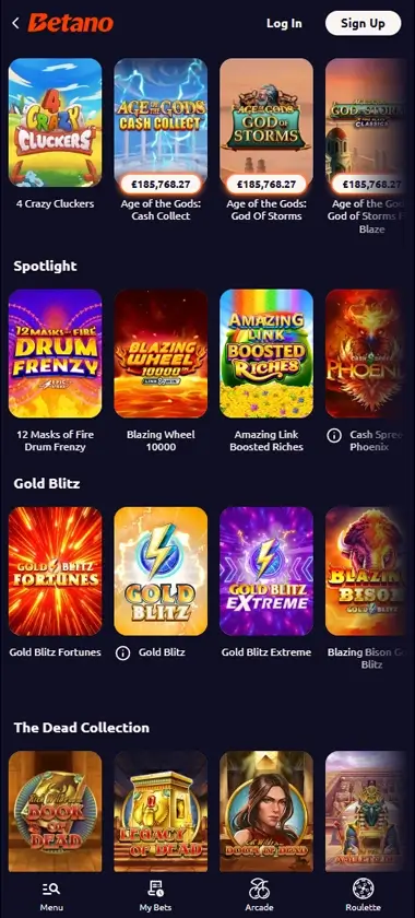 Betano Casino mobile slots screenshot showing popular games including Burning Hot, Shining Crown and colorful slot titles - tested