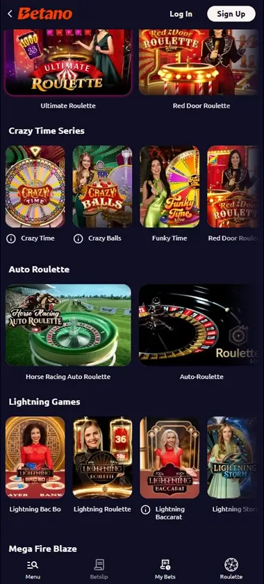 Betano Casino mobile live casino screenshot showing Lightning Roulette and live dealer table games with easy navigation - tested