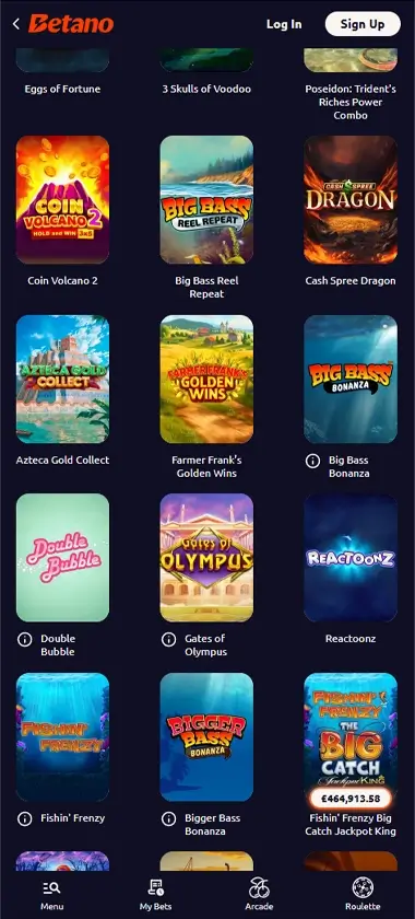 Betano Casino mobile homepage screenshot showing game categories including new releases and featured slot games - tested