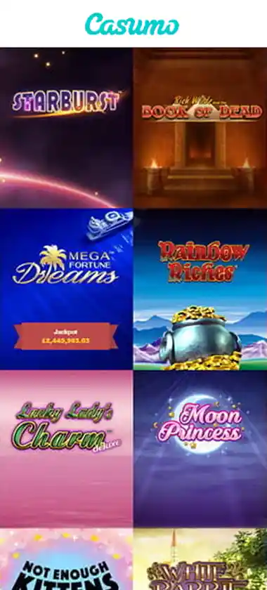 Casumo Casino mobile slots variety screenshot displaying featured slots, categories and touch-optimized navigation - tested