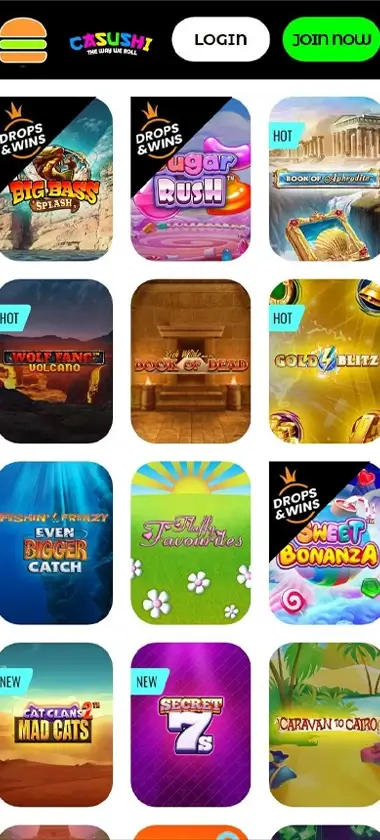 Casushi Casino mobile slots screenshot showing slot game thumbnails, categories and featured titles in the mobile game lobby - tested Casushi Casino mobile slots screenshot showing slot game thumbnails, categories and featured titles in the mobile game lobby - tested