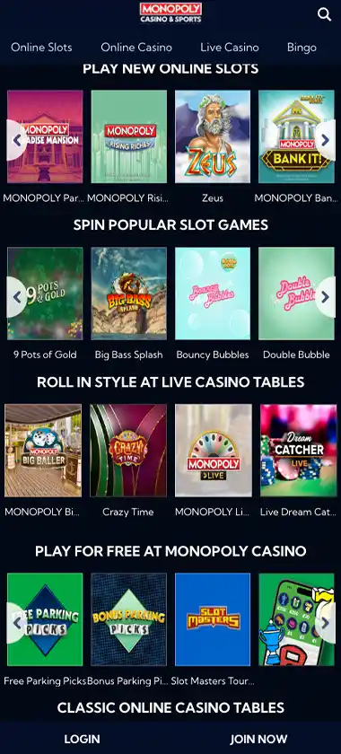 Monopoly Casino mobile homepage screenshot showing navigation menu, featured games and promotional banners - tested