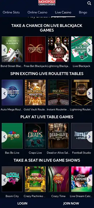 Monopoly Casino mobile live casino screenshot showing real-dealer tables including roulette, blackjack and baccarat with mobile interface layout - tested