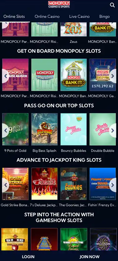 Monopoly Casino mobile slots screenshot showing slot game thumbnails, categories and featured titles in the mobile game lobby - tested