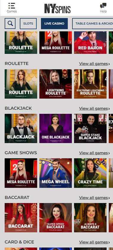 NYspins Casino mobile live casino screenshot displaying real-dealer tables including roulette, blackjack and baccarat with compact lobby layout – tested