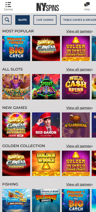 NYspins Casino mobile interface screenshot showing slots lobby with featured games, categories and navigation on smartphone screen – tested