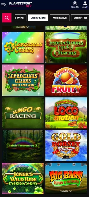 Planet Sport Bet Casino mobile slots screenshot displaying slot game lobby with filters, providers, and popular titles – tested