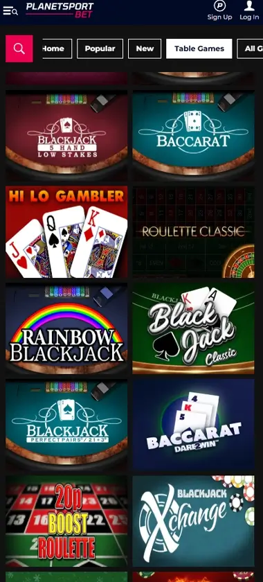 Planet Sport Bet Casino mobile table games screenshot showing blackjack, roulette, and baccarat games in a mobile-friendly layout – tested