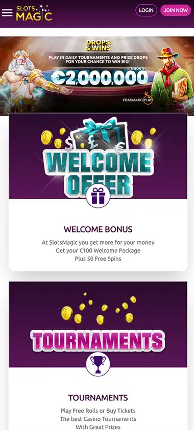 Slots Magic Casino mobile promotions page screenshot displaying welcome bonuses, free spins offers and promotional terms - tested Slots Magic Casino mobile promotions page screenshot displaying welcome bonuses, free spins offers and promotional terms - tested