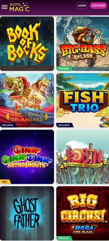 Slots Magic Casino mobile slots games interface showing game selection and spinning reels on smartphone Slots Magic Casino mobile slots games interface showing game selection and spinning reels on smartphone