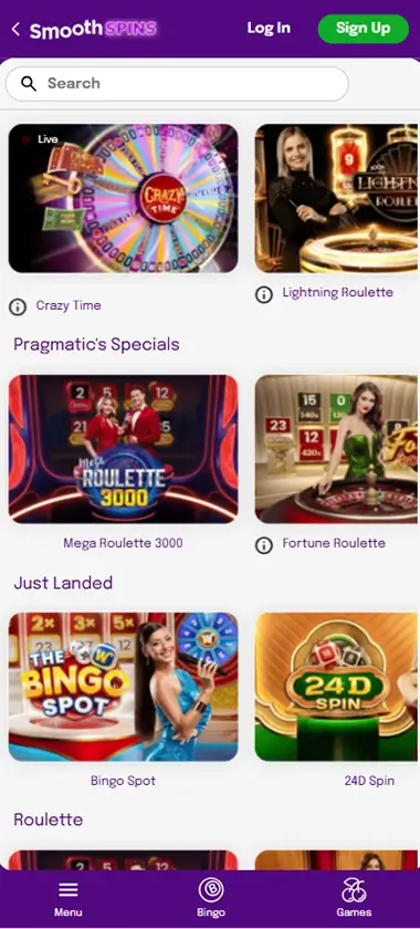 Smooth Spins Casino mobile interface screenshot showing live casino games and slot selection - tested for mobile compatibility