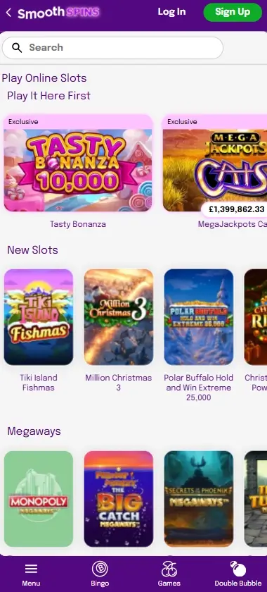 Smooth Spins Casino mobile interface screenshot displaying popular slot games including Big Bass series - tested during our analysis