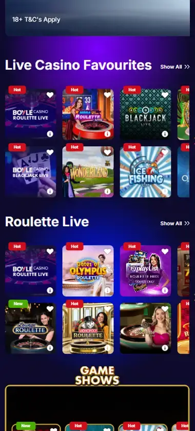 BoyleSports Casino mobile live casino interface showing live dealer tables including blackjack and roulette - Tested