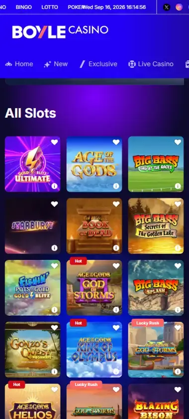 BoyleSports Casino mobile slots interface showing slot game selection with popular titles and filtering options - Tested
