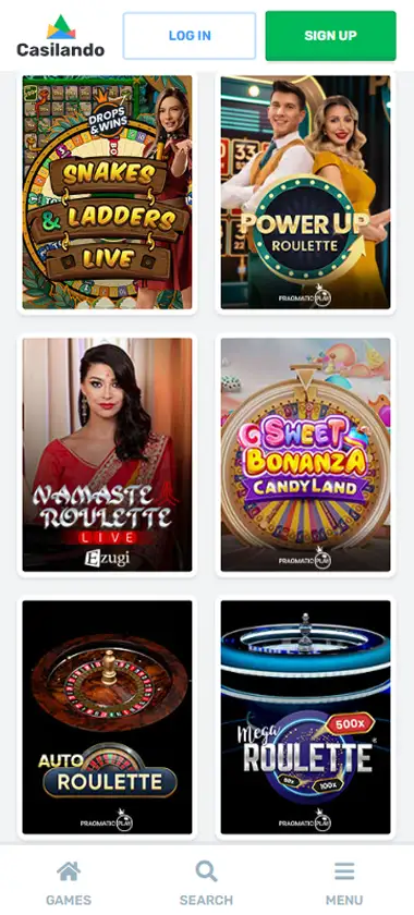 Casilando Casino mobile live casino interface showing live dealer tables including blackjack and roulette - Tested