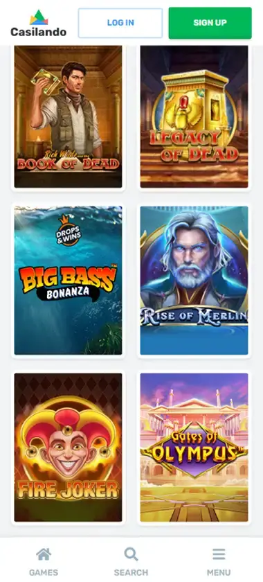 Casilando Casino mobile slots interface showing slot game selection with popular titles and filtering options - Tested
