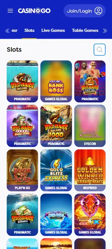 Casino Go mobile slots interface showing slot game selection with popular titles and filtering options - captured during platform testing