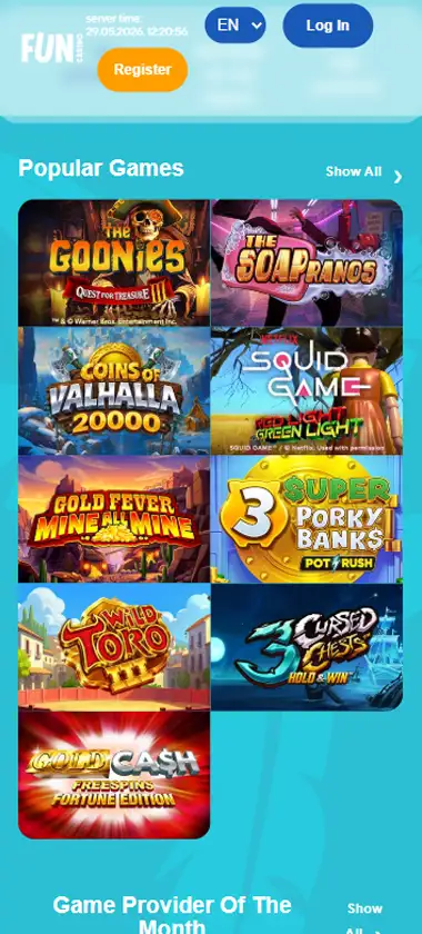 Fun Casino desktop slots lobby screenshot presenting variety of slot games with categories and providers - Tested