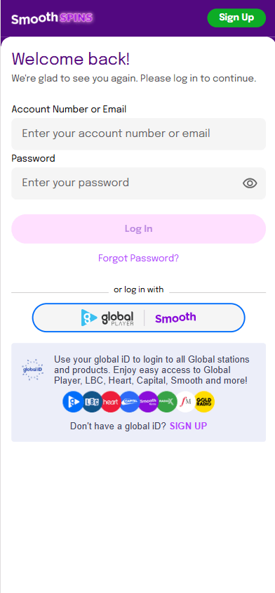Smooth Spins Casino mobile interface screenshot demonstrating login page and account access options - verified during platform testing