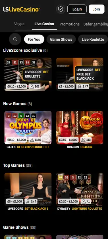 LiveScore Bet Casino mobile live casino interface screenshot showing live dealer tables including blackjack and roulette - tested