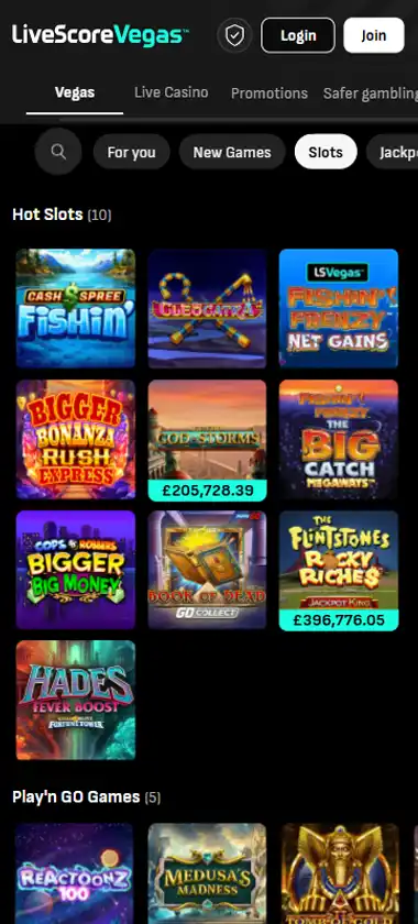 LiveScore Bet Casino mobile slots interface screenshot showing slot game selection with popular titles and filtering options - tested