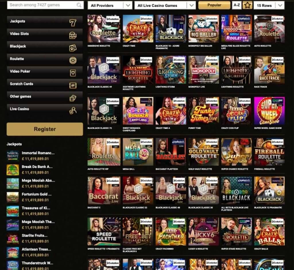 Mega Riches desktop live casino screenshot showing roulette and blackjack tables with lobby navigation - tested