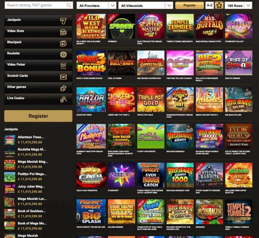 Mega Riches desktop slots preview screenshot showing categories and top games – tested