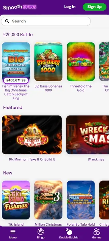 Smooth Spins Casino mobile interface screenshot showing featured slot games and jackpot titles - tested for mobile performance