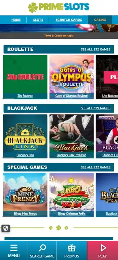 Prime Slots Casino mobile live casino interface showing live dealer tables including blackjack and roulette - captured during platform testing