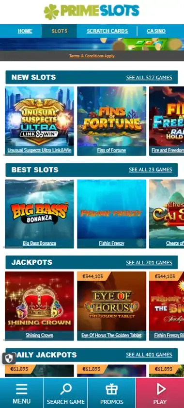 Prime Slots Casino mobile slots interface showing slot game selection with popular titles and filtering options - captured during platform testing