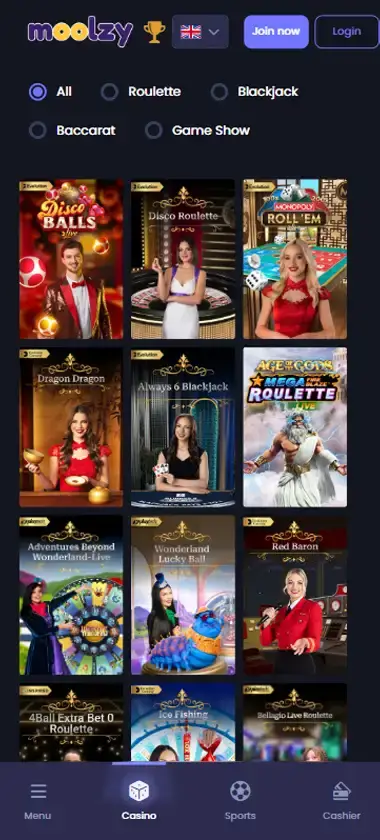 Moolzy Casino mobile live casino interface showing live dealer tables including blackjack and roulette - captured during platform testing