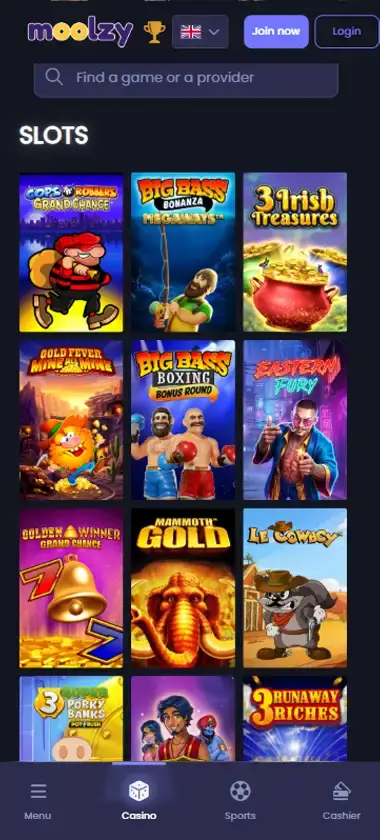 Moolzy Casino mobile slots interface showing slot game selection with popular titles and filtering options - captured during platform testing