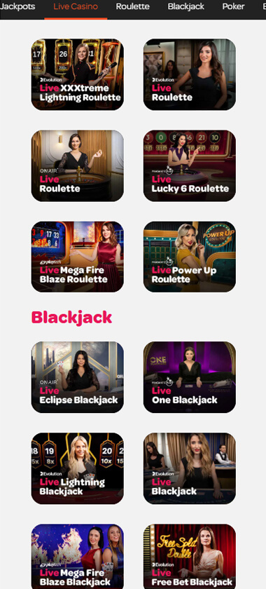 Spin Casino mobile live casino screenshot displaying real-dealer tables including roulette, blackjack and baccarat with compact lobby layout – tested