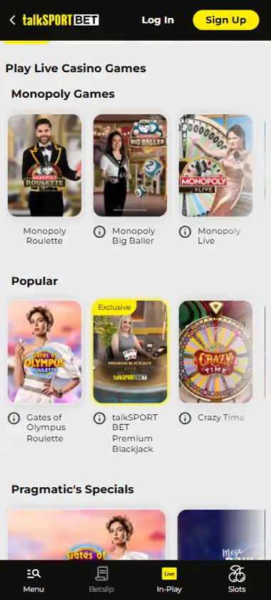 talkSPORT BET Casino mobile live casino interface showing live dealer tables including blackjack and roulette - captured during platform testing