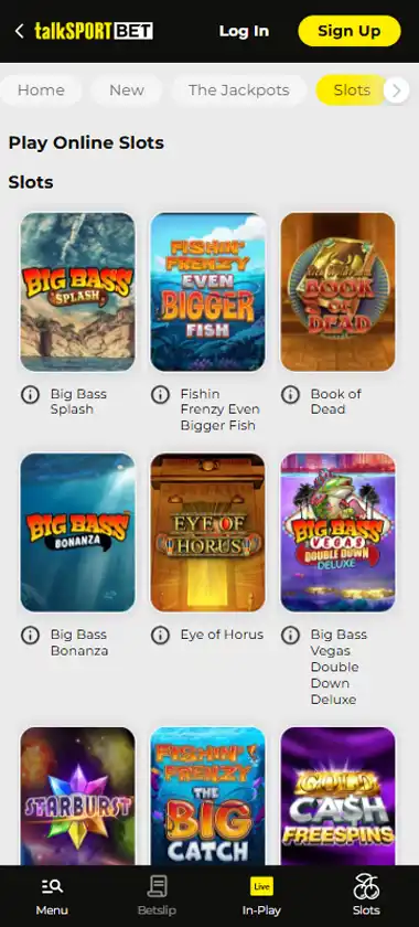 talkSPORT BET Casino mobile slots interface showing slot game selection with popular titles and filtering options - captured during platform testing