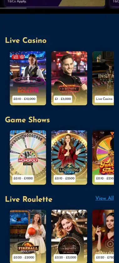 The Vic Casino mobile live casino interface showing live dealer tables including blackjack and roulette - captured during platform testing