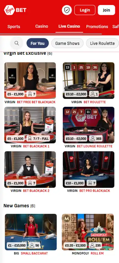 Virgin Bet Casino mobile live casino interface screenshot showing live dealer tables including blackjack and roulette - tested Virgin Bet Casino mobile live casino interface screenshot showing live dealer tables including blackjack and roulette - tested